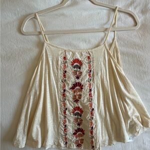 Roxy Cream Spaghetti-Strap Camisole with Red & Pink Floral Embroidery